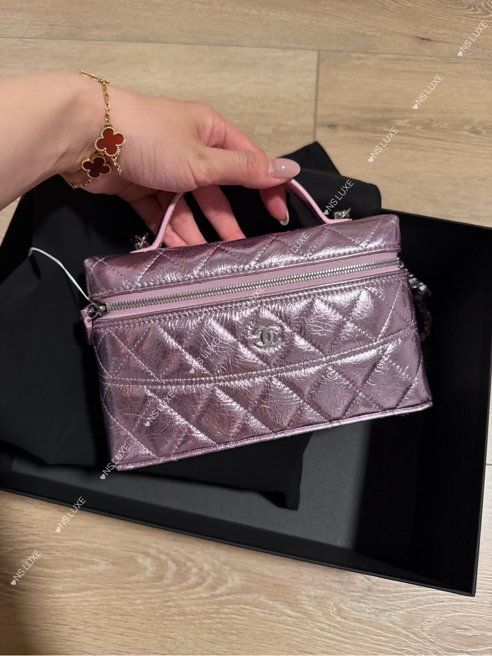 CHANEL Metallic Quilted Vanity Bag in Lilac Pink